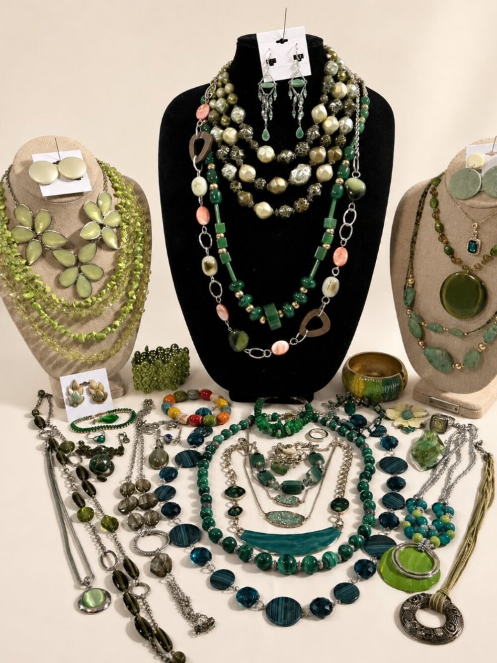 Green Statement Jewelry large Lot Necklaces Earrings Bracelets Vintage Style